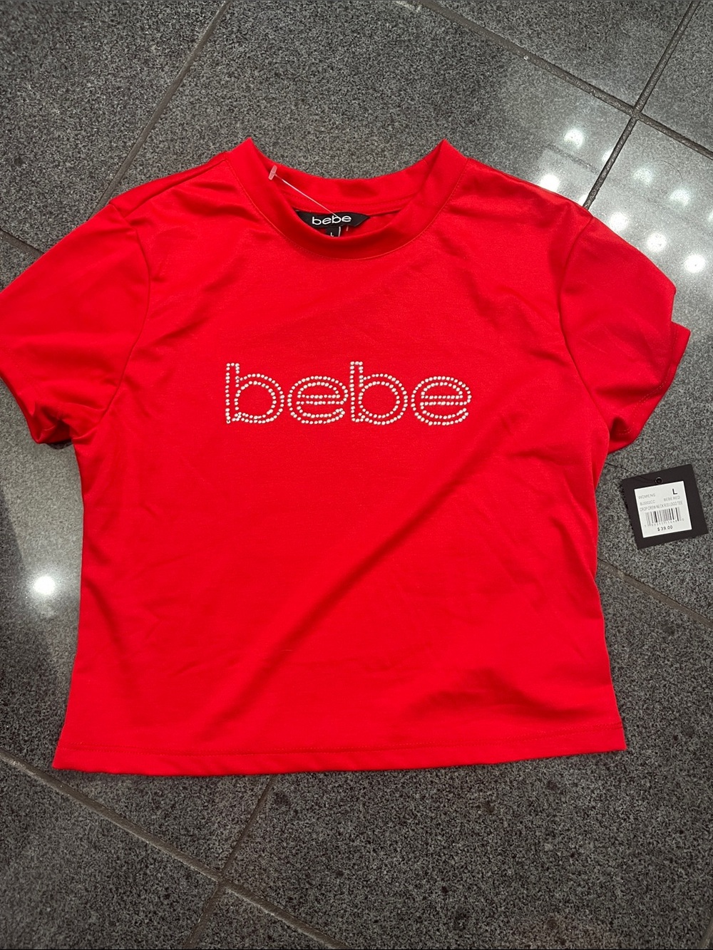 bebe Red Short Sleeve Rhinestone Logo Tee
